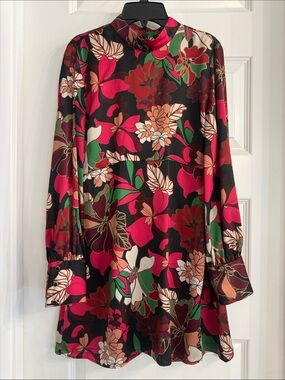 Zara Black Floral Mini Dress with Pink, Green and Cream Accents